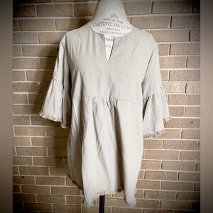 Tan Textured Cotton Blend 3/4 Ruffled Sleeve Babydoll Style Tunic